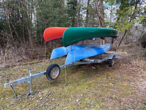 a cart sitting in the grass in the woods at Secluded Au Sable River Home in Grayling