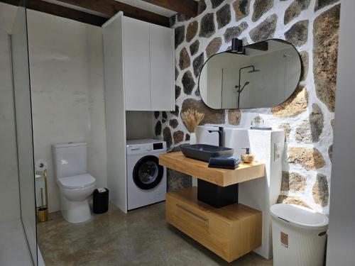 Un baño con lavabo, inodoro y espejo. en La Cabaña Del Sol, en La Asomada