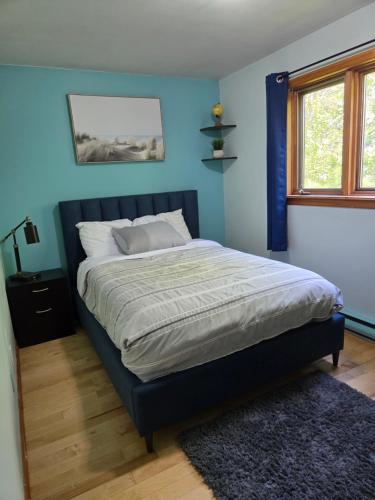 ein Bett in einem Zimmer mit blauer Wand in der Unterkunft Rustic Hideaway in Nauwigewauk