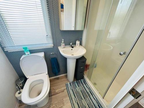 a bathroom with a toilet and a sink and a shower at Sunset Terrace Rockley Park Haven in Lytchett Minster