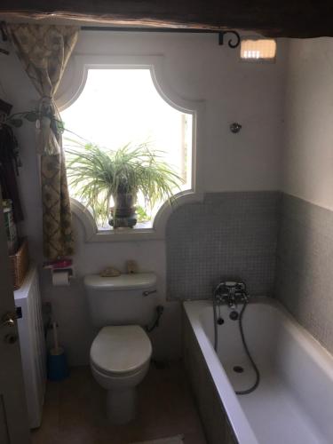 a bathroom with a toilet and a tub and a window at No 7 Casa Nannakola in Naxxar