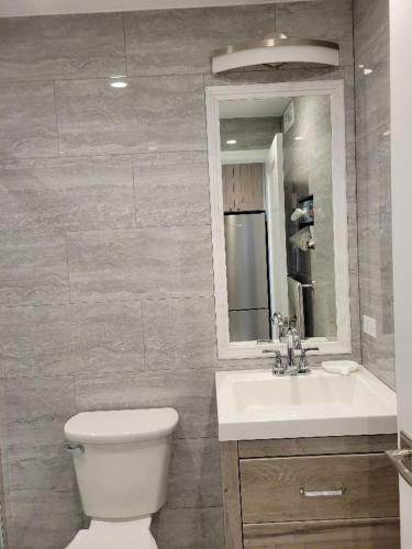 a bathroom with a toilet and a sink and a mirror at Ocean Vista Resort in Amagansett