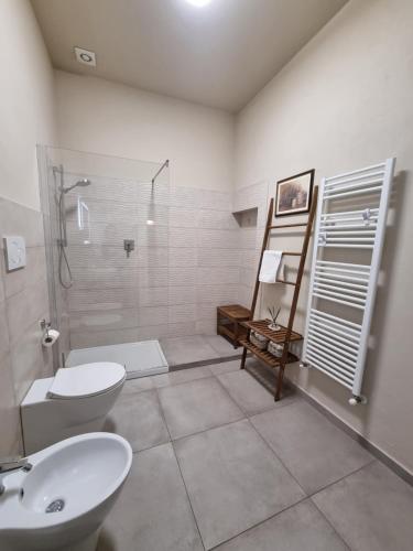 a bathroom with a shower and a toilet and a sink at 35 Rooms Palazzo Buoninsegni in Colle Val D'Elsa