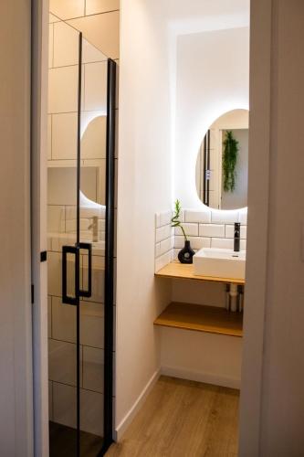 une salle de bain avec un lavabo et un miroir dans l'établissement L'ancienne ferme du château, à Croissy-Beaubourg