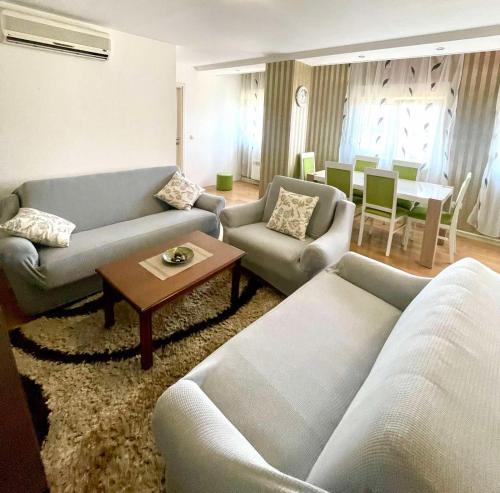 a living room with two couches and a table at City center 34 in Podgorica