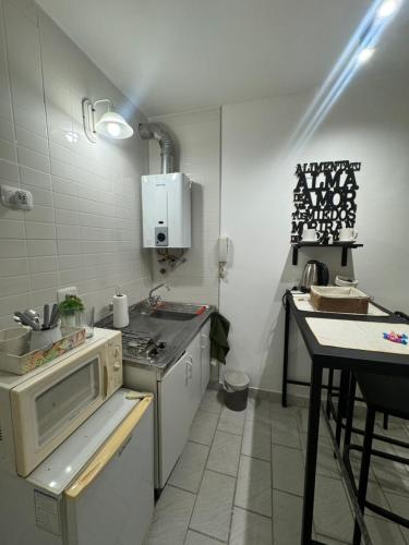 eine kleine Küche mit Herd und Mikrowelle in der Unterkunft Hermoso Departamento en el corazón del centro santiagueño a 100 metros de la plaza principal, con estacionamiento privado in Santiago del Estero