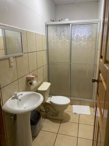 a bathroom with a toilet and a sink and a shower at Hotel Tres Rios in San Vito