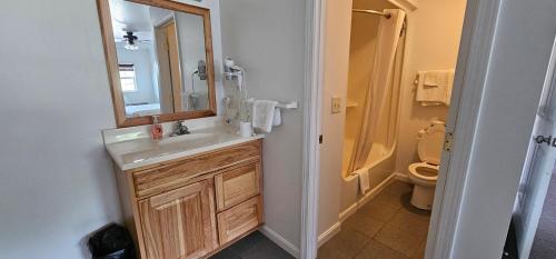 a bathroom with a sink and a mirror and a toilet at Beverly Hills Inn in Aberdeen