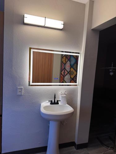 a bathroom with a sink and a mirror at The Mt Vernon Inn in Baltimore