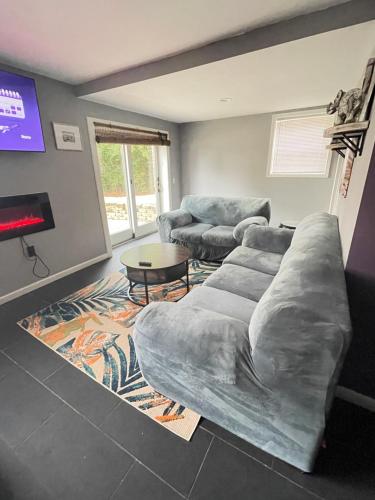 a living room with two couches and a tv at Maxine Manor in Douglasville