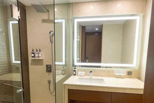 a bathroom with a sink and a shower with a mirror at Hotel Skypark Central Seoul Pangyo in Seongnam