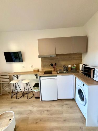 une cuisine avec un évier et une machine à laver dans l'établissement Studio en rez de jardin DEAUVILLE CENTRE et Plage, à Deauville