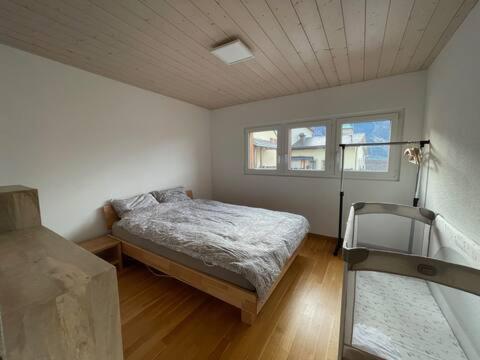 a bedroom with a bed and a mirror in it at Stay in the Heart of Wallis in Leuk