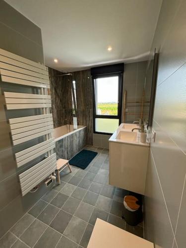 une grande salle de bain avec un lavabo et un miroir dans l'établissement Les Palmiers, à Regnéville-sur-Mer