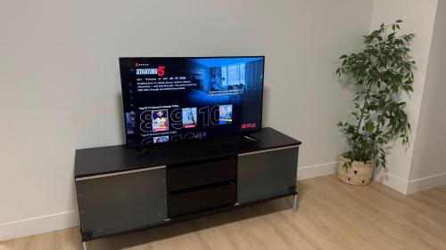 a flat screen tv on a stand in a room with two plants at New & Modern 2 bedroom suite in Surrey