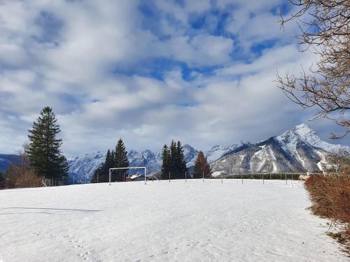 a soccer goal on a snowy field with mountains at Pension ALPENHAUS in Vorderstoder
