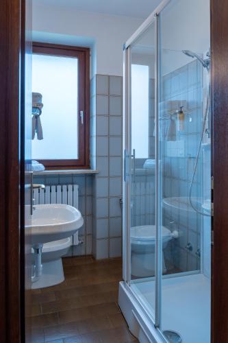 a bathroom with a glass shower and a sink at Hotel Costaverde "ai Roni" in Andalo
