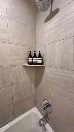 a bathroom with a tub and a sink with three bottles at Cozy 1 BR 1 Parking Sleeps 4 in Chicago