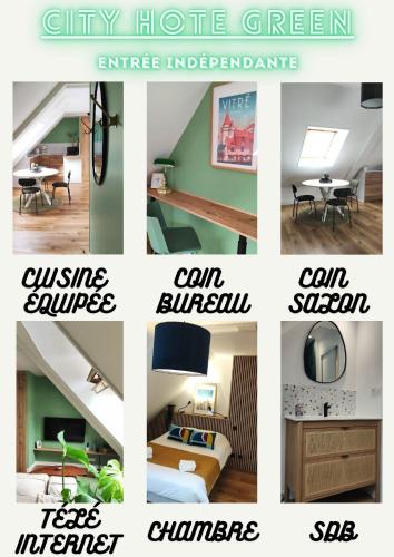 un collage de photos de différents types de chambres dans l'établissement CITY HÔTE appartement centre ville au calme vue sur le château, à Vitré