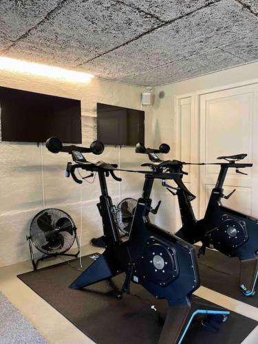a gym with two exercise bikes in a room at Luxurious villa - exceptional location in city center with free P in Odense