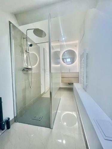 une salle de bain avec une douche en verre et un lavabo dans l'établissement Appartement 2 CH 6 Pers, à Orléans