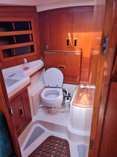 een kleine badkamer met toilet en wastafel bij Java Yate in Rota