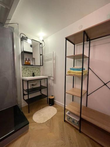 Cette chambre comprend une étagère avec un lavabo et un miroir. dans l'établissement Ma fenêtre sur le Vieux Port!, à Marseille