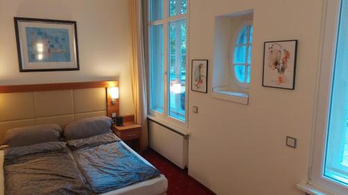 a bedroom with a bed and two windows at die Villa, Zimmer 26, DZ in Leverkusen
