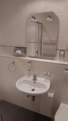 a bathroom with a sink and a mirror and a toilet at die Villa, Zimmer 26, DZ in Leverkusen