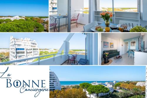 un collage de photos d'une maison et d'un appartement dans l'établissement Sérénité à la Mer Vue Mer d'exception Parking Privé Clim wifi fibre, à La Grande Motte