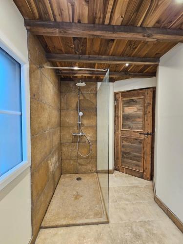 - une douche dans une chambre dotée d'un plafond en bois dans l'établissement Gîte du Château du Clos Voucheot, grand spa de nage, à La Bussière-sur-Ouche