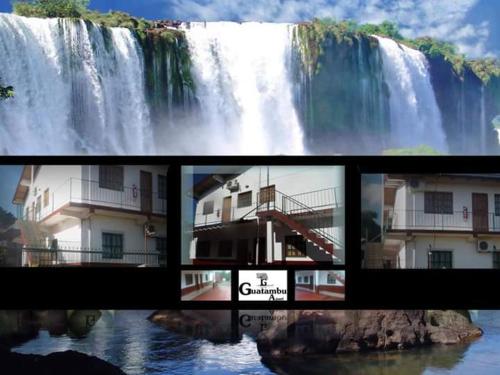 a collage of photos of a waterfall and a video of a waterfall at Guatambu Apart in Puerto Iguazú