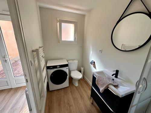 une salle de bain avec un lavabo, des toilettes et un miroir dans l'établissement Les Cyclades - Gare - 6 pers, au Mans