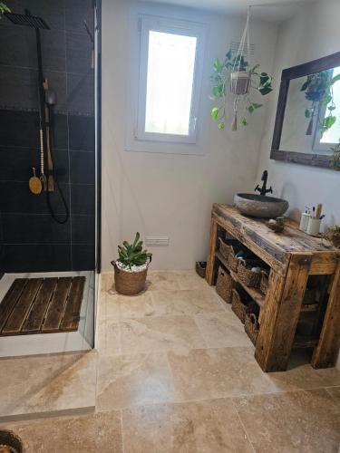 une salle de bain avec un lavabo et une douche dans l'établissement Belle Villa Baraka centre-ville, à Salon-de-Provence