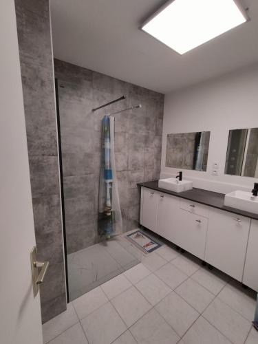 La salle de bains est pourvue d'une douche et de 2 lavabos. dans l'établissement Appartement, à Ancerville