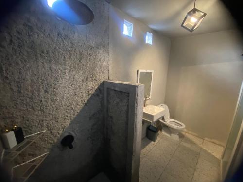 a bathroom with a white toilet and a sink at Batur Homestay and Lodge in Bangli