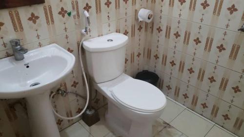a bathroom with a white toilet and a sink at Aquarium Beach House in Nungwi