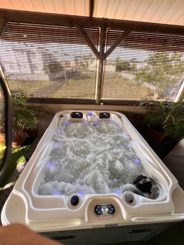 a bath tub filled with water in front of a window at Swan Valley Residence in Baie du Tombeau
