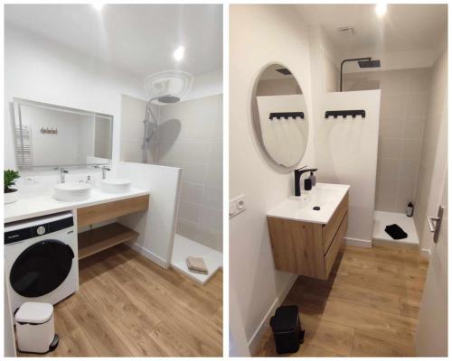 - deux photos d'une salle de bains avec lavabo et miroir dans l'établissement Le Victor Hugo - Avignon intra muros - Calme - Clim - Lumineux, à Avignon