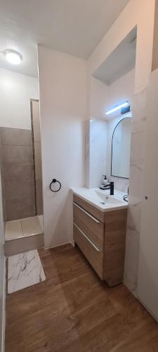 une salle de bain blanche avec un lavabo et un miroir dans l'établissement Le petit bouchon - centre ville, wifi, netflix, à Troyes