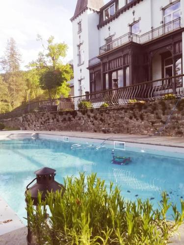 EsneuxにあるChateau en bord d'Ourtheの大きな建物の前のプール