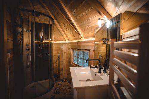 ein Badezimmer mit Waschbecken und Dusche in der Unterkunft Le Kota Montagne in Les Poulières