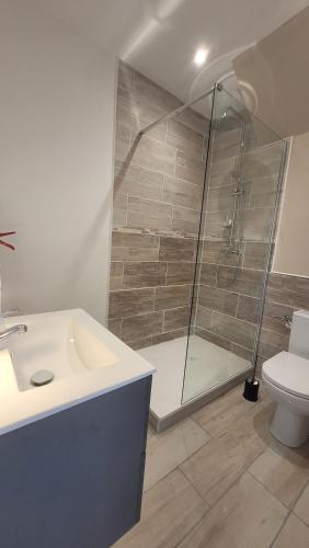 une salle de bain avec une douche, un lavabo et des toilettes dans l'établissement Le Marquis, à Saint-Sulpice-de-Royan