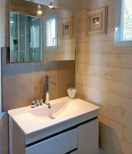 une salle de bain avec un lavabo et un miroir dans l'établissement CHALET la Perle de Gruissan, à Gruissan