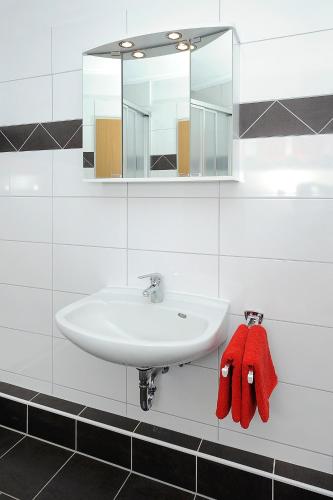 a bathroom with a white sink and a mirror at Haus Hafenromantik in Neuharlingersiel