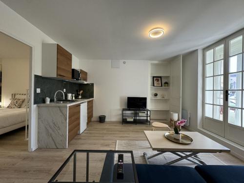 un salon avec un canapé et une table dans l'établissement Les lys jaunes - 4pers - Rêve au Mans, au Mans