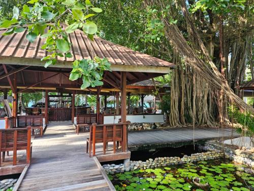 a pavilion with chairs and a pond with lilies at Filitheyo Island Resort in Filitheyo