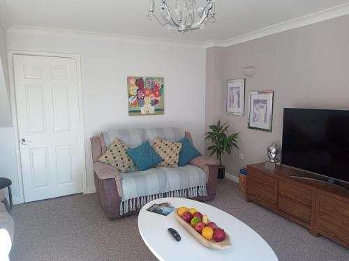 a living room with a couch and a tv at Ludlow Mews Town House with Free parking in Ludlow
