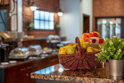 a basket of fruit on a counter in a kitchen at Hotel Dworski Galaktyczny Park in Szczecin
