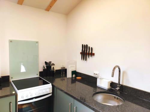 a kitchen with a sink and a counter top at Pinheiros Tranquilos Alojamento Local Sertã in Valongo